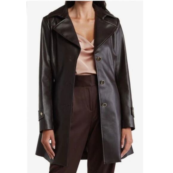 Via Spiga Jackets & Blazers - Via Spiga Chocolate Brown Vegan Leather Trench Coat Size Medium Belted Classic